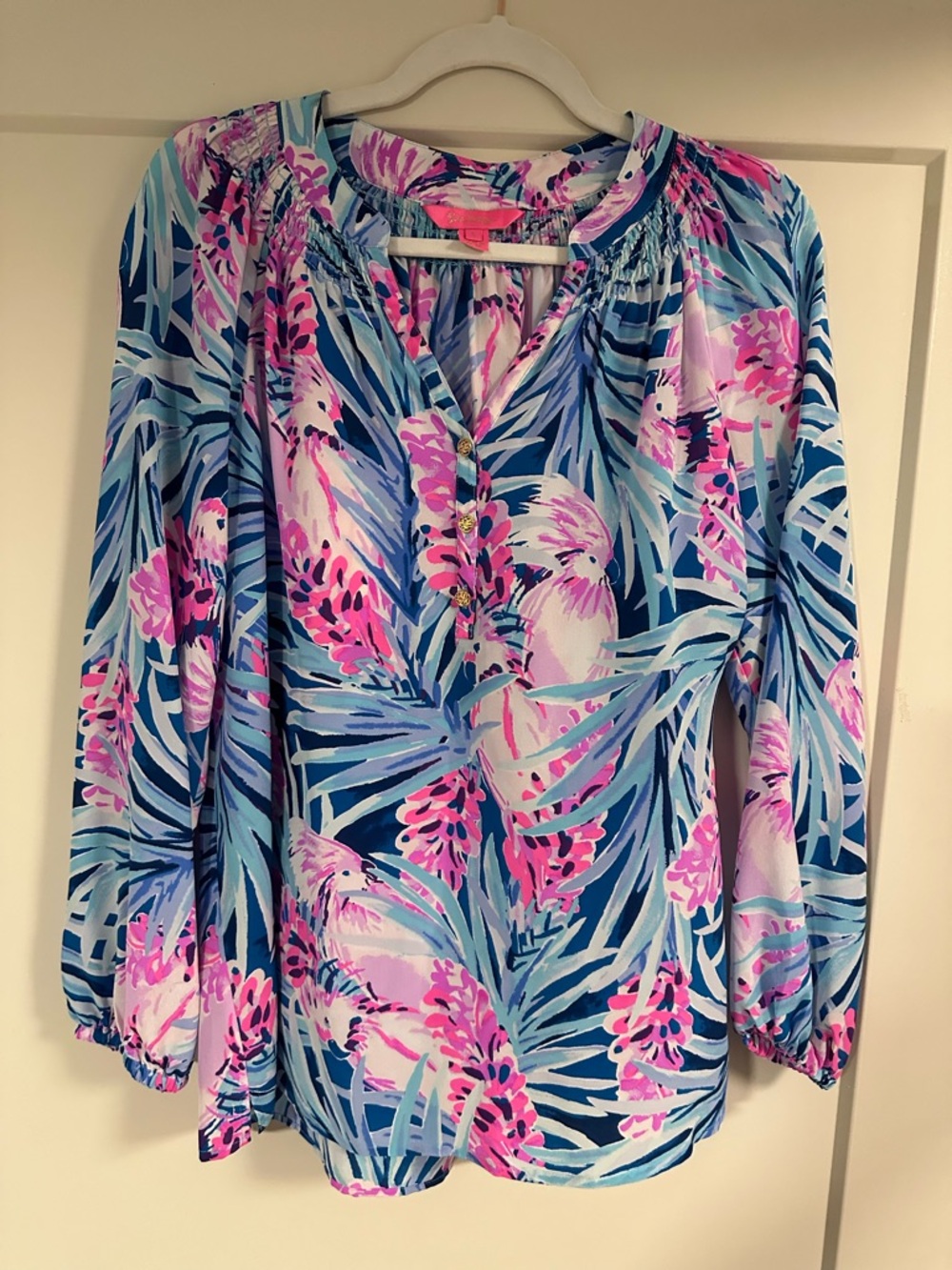 Lilly Pulitzer Tropical Floral Pintuck Blouse - Pink & Blue